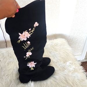 New Black floral embroidery  over the knee length Winter boots